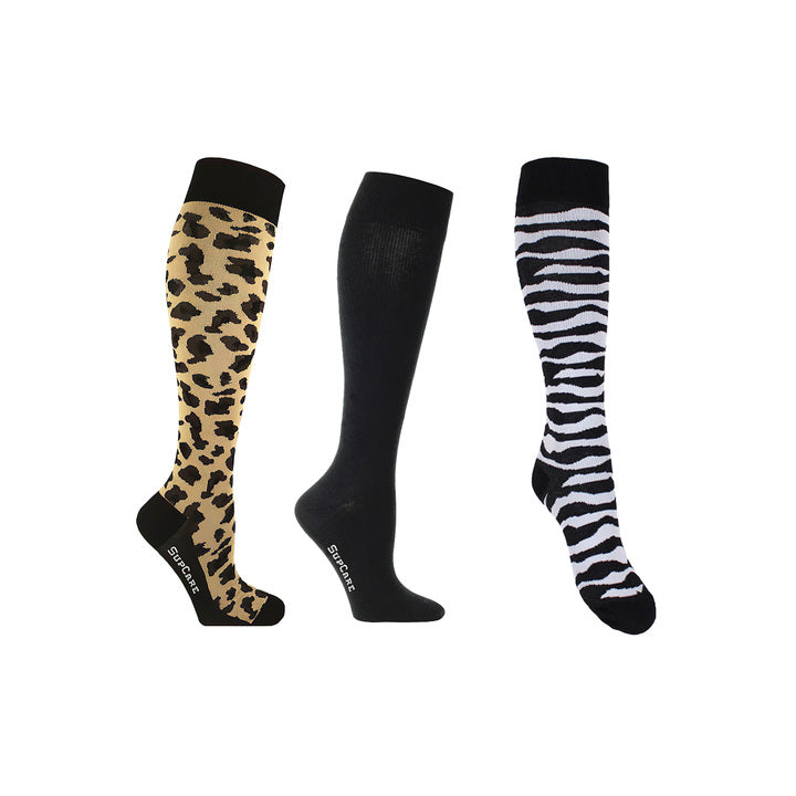 Compression socks leopard, black and zebra for swollen and tired legs 3-pack