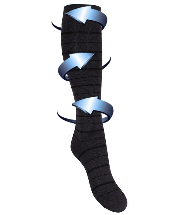 Support socks with grey and black stripes for swollen and tired legs