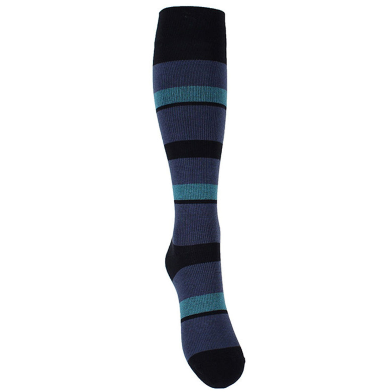 Support stockings with blue and black stripes for swollen and tired legs