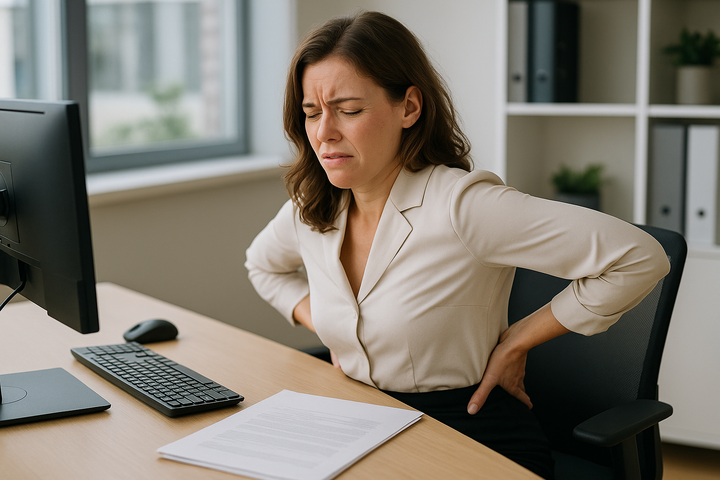 Bild på kvinna som sitter i en stol på sitt kontor och som tar sig för ryggen på grund av ryggsmärta
