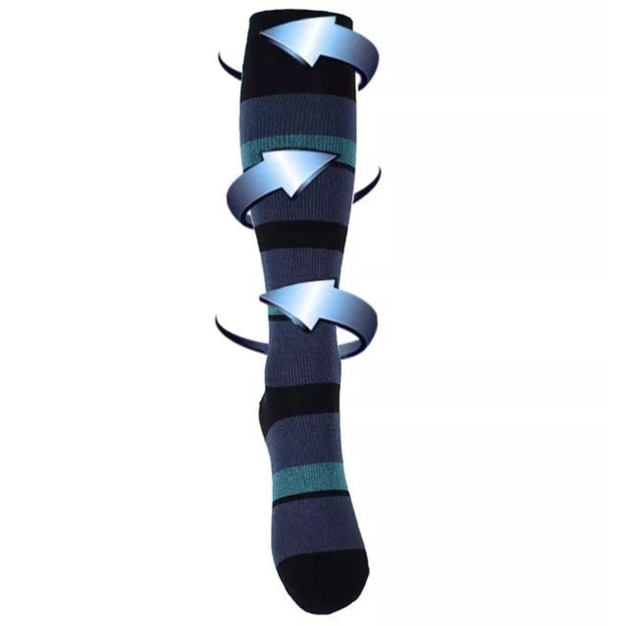Support stockings with blue and black stripes for swollen and tired legs