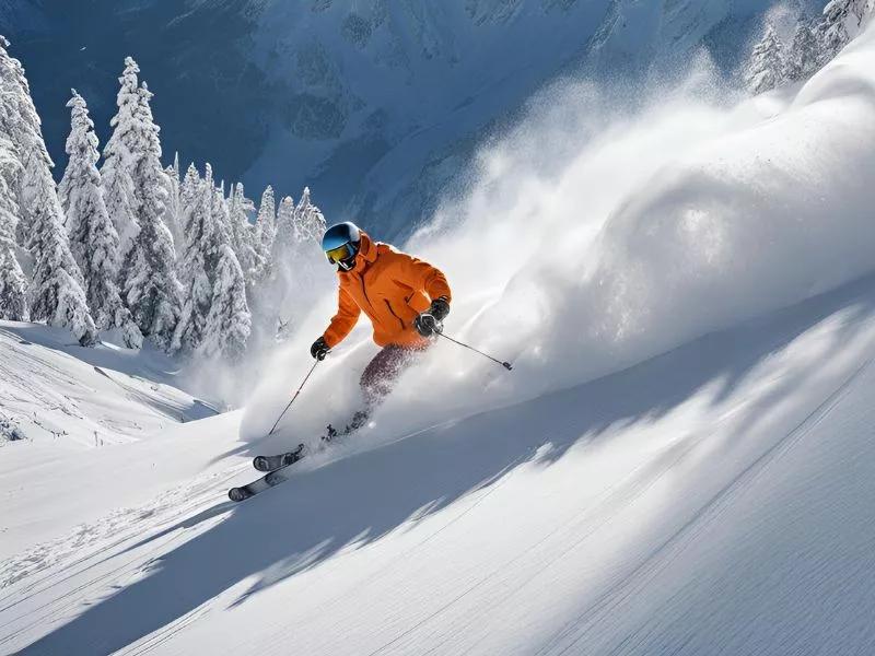 Person på ski, snedækkede træer i baggrunden Person på ski, snedækkede træer i baggrunden