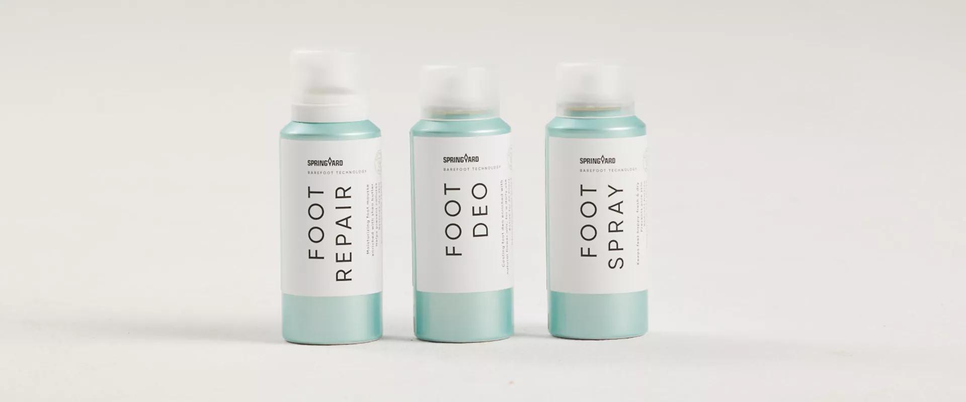 Springyard Barefoot Billede af de tre fodplejeprodukter Foot Repair, Foot Deo og Foot Spray